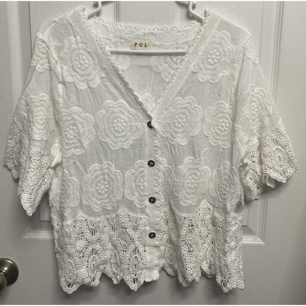 POL Women Crochet White Lace Top Button Down Lace Boho Cottagecore White Sz.ONE